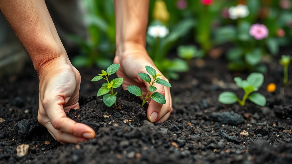 Person's hands planting seedling in nutrient-rich dark soil, blurred green garden background with flowering plants, showing gentle care and connection to gardening, natural daylight