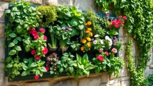 Lush vertical garden wall with cascading herbs and colorful flowering plants in modular pocket system mounted on weathered stone wall, sunlight filtering through foliage