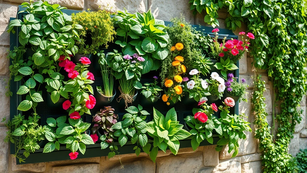 Lush vertical garden wall with cascading herbs and colorful flowering plants in modular pocket system mounted on weathered stone wall, sunlight filtering through foliage