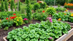 Lush, mature vegetable and flower garden beds with diverse green plants, colorful blooms, and raised garden beds filled with rich dark soil, natural daylight