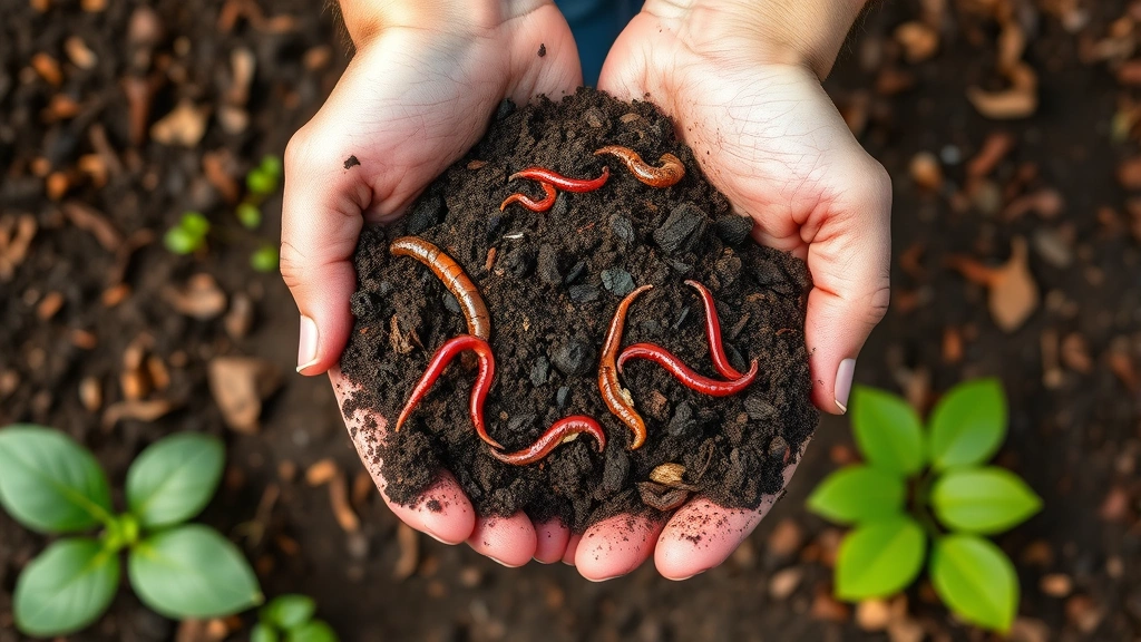 Hands holding rich dark compost soil with earthworms and organic matter visible, garden beds with mulch in background, natural lighting showcasing soil quality