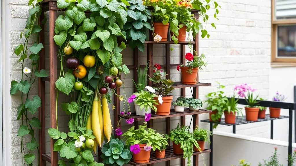 Vertical garden trellis structure with climbing vegetables and flowering vines, container plants arranged on tiered shelving, small urban garden space maximized with greenery