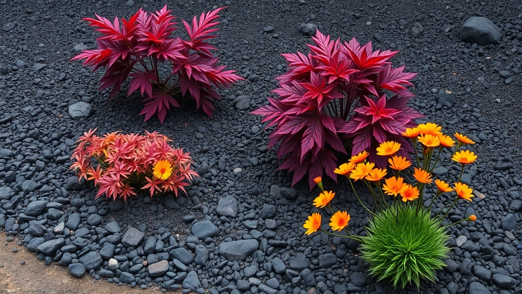 Dark volcanic landscape garden with black lava rock mulch, deep burgundy Japanese maple tree, and bright orange crocosmia flowers in full bloom, professional garden design