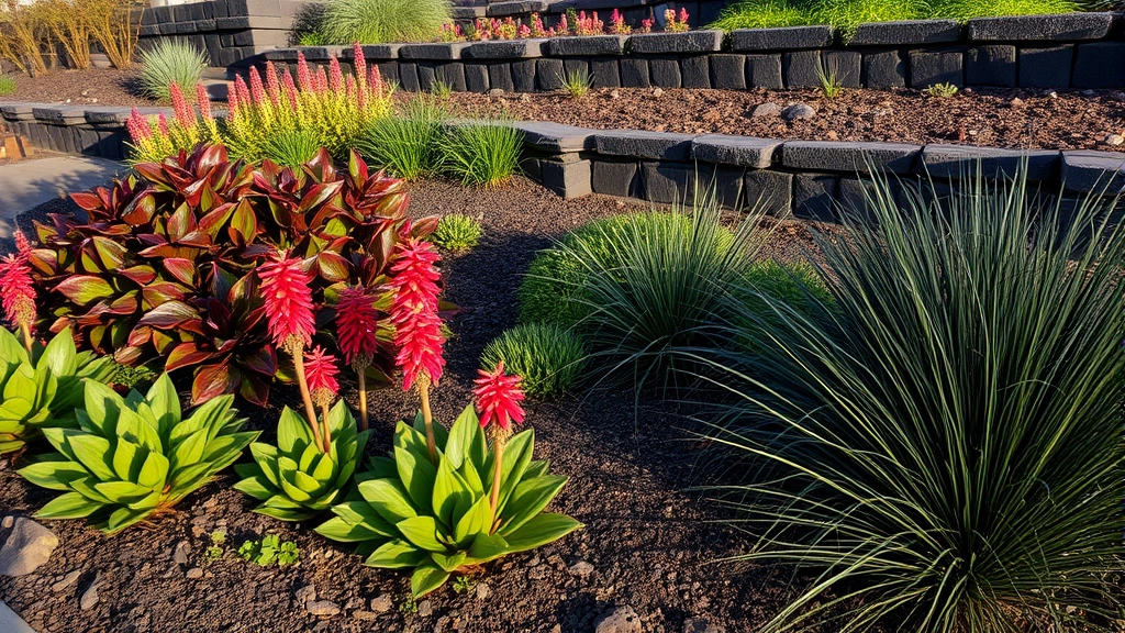 Layered volcano-themed garden bed showing dark foliage plants, red hot poker flowers, black mondo grass, and terraced dark stone retaining walls with afternoon sunlight