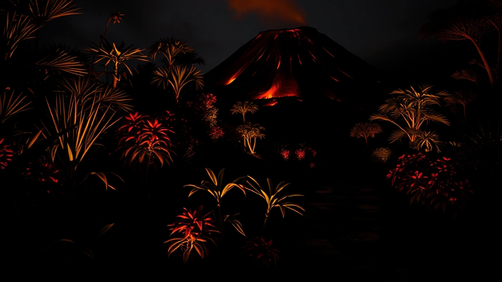 Nighttime volcano garden illuminated with warm amber uplighting on dark foliage, glowing red flowers visible, dark stone pathways reflecting light, dramatic garden atmosphere