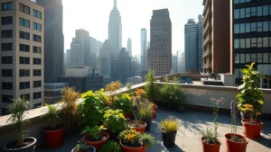 Rooftop garden in New York City with potted plants, tall buildings surrounding, morning sunlight, protective shade cloth visible, urban skyline background, realistic photograph