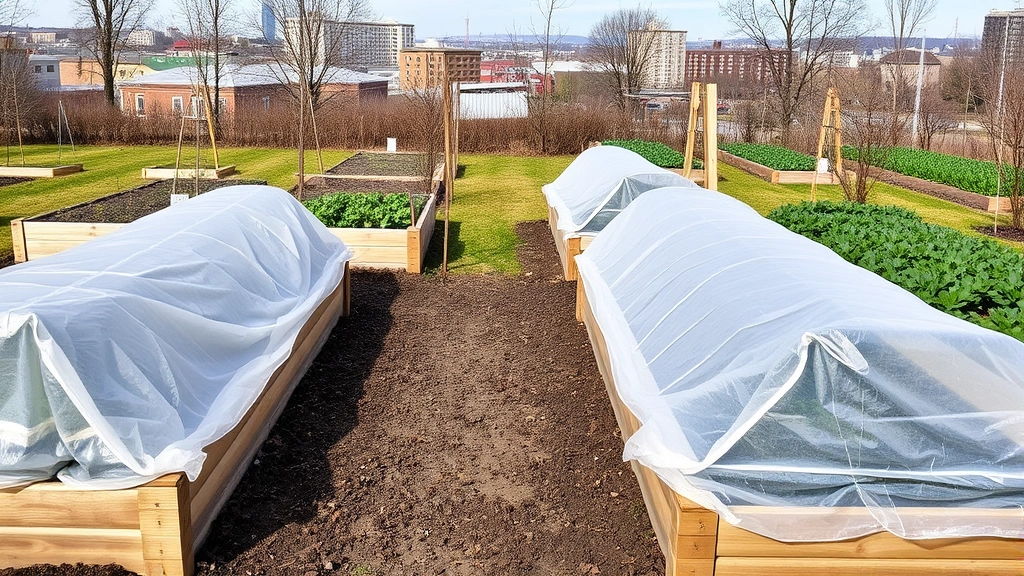 Raised garden beds with protective row covers and frost cloth in early spring, city buildings in distance, soil visible, wooden bed construction, realistic gardening scene