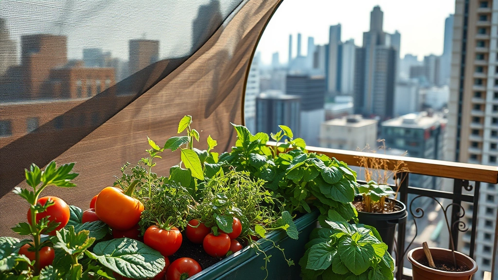 Container vegetables and herbs on urban balcony with protective windscreen, afternoon shade, watering system setup, city skyline, realistic urban gardening photograph