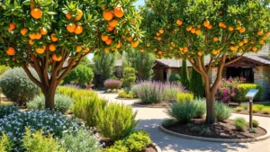 Mediterranean-style garden in Southern California with mature citrus trees, flowering shrubs, and well-mulched beds under bright sunshine
