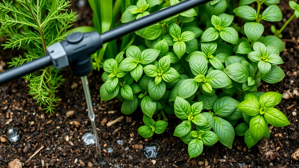 Drip irrigation system in action watering a lush herb garden with rosemary, thyme, oregano, and basil plants, water droplets visible on soil