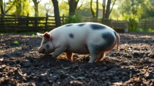 Heritage Berkshire pig rooting in garden soil, exposing dark earth and organic matter, summer sunlight filtering through trees in background, pig actively turning over compacted ground