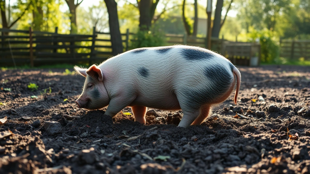 Heritage Berkshire pig rooting in garden soil, exposing dark earth and organic matter, summer sunlight filtering through trees in background, pig actively turning over compacted ground
