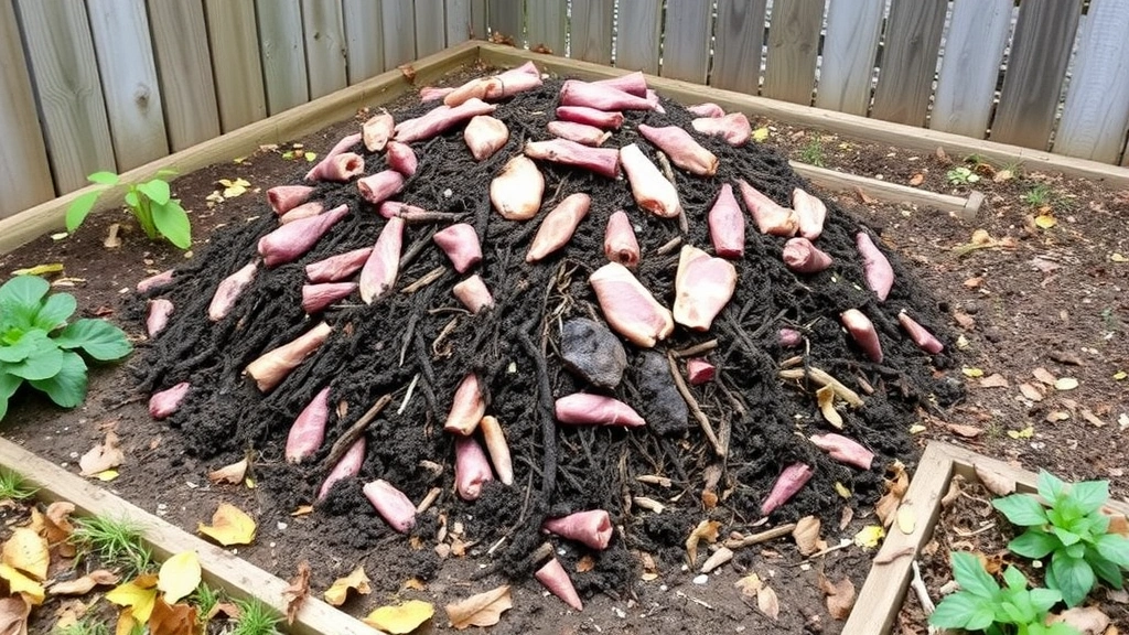 Fresh bacon pig manure pile composting in garden corner, surrounded by vegetable beds with established plantings, wooden fence and rustic garden infrastructure visible, autumn season with fallen leaves