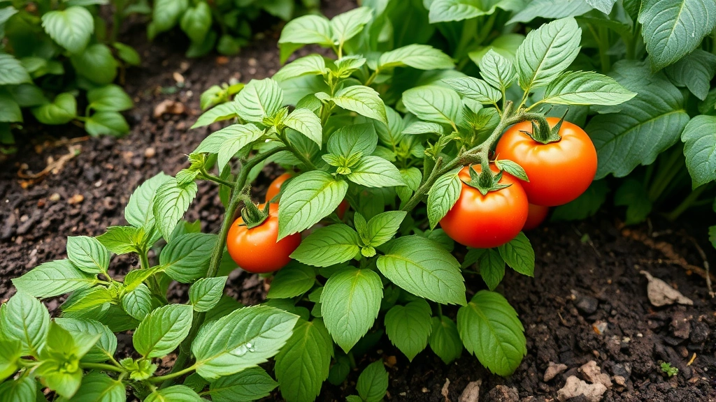 Lush vegetable garden bed with thriving tomato plants and leafy greens growing in richly amended bacon pig-composted soil, healthy green foliage, morning dew on leaves, productive garden landscape