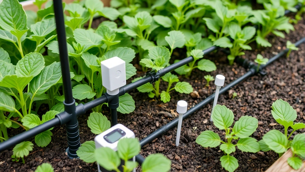 Modern drip irrigation system with soil moisture sensors installed in a raised garden bed, showing black tubing, emitters, and small wireless sensor probes among green vegetable plants, professional garden setup