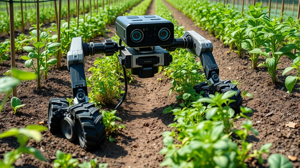 Robotic garden automation device working between plant rows at ground level, equipped with sensors and mechanical arms, capturing weeds while avoiding healthy plants, daylight garden setting