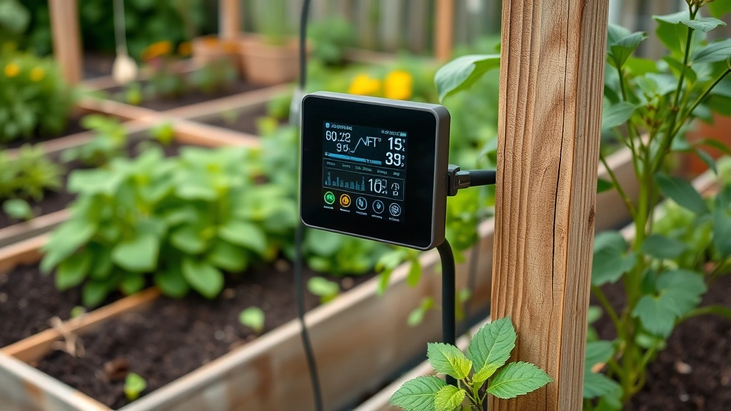 Smart garden control panel with digital display mounted on wooden post near garden beds, showing real-time soil moisture, temperature, and irrigation status data, surrounded by thriving plants