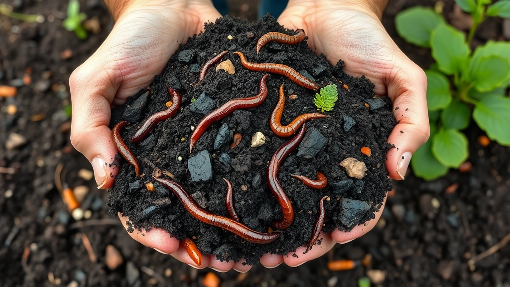 Gardener hands holding rich dark compost with visible organic matter, earthworms, and microbial activity over prepared garden bed