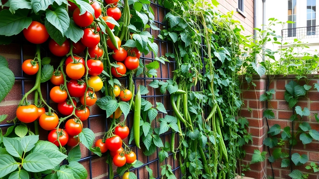 Vertical trellis garden with climbing tomatoes, beans, and peas producing abundant harvests in compact urban space
