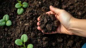 Close-up of hands testing soil texture in rich garden bed, soil crumbling between fingers showing healthy structure and organic matter