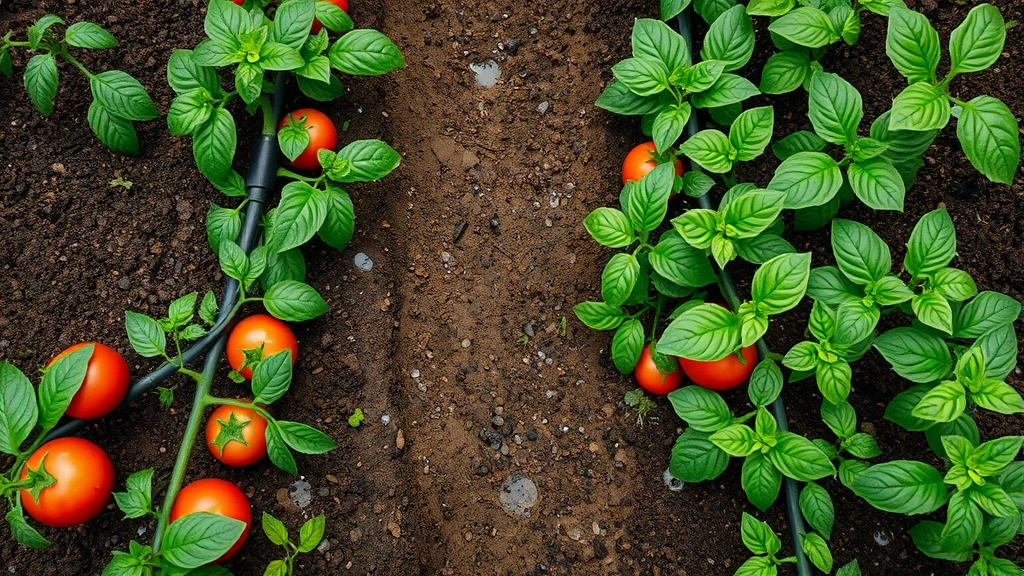 Overhead view of drip irrigation lines running through vegetable garden rows with tomato plants and basil, water droplets visible on soil