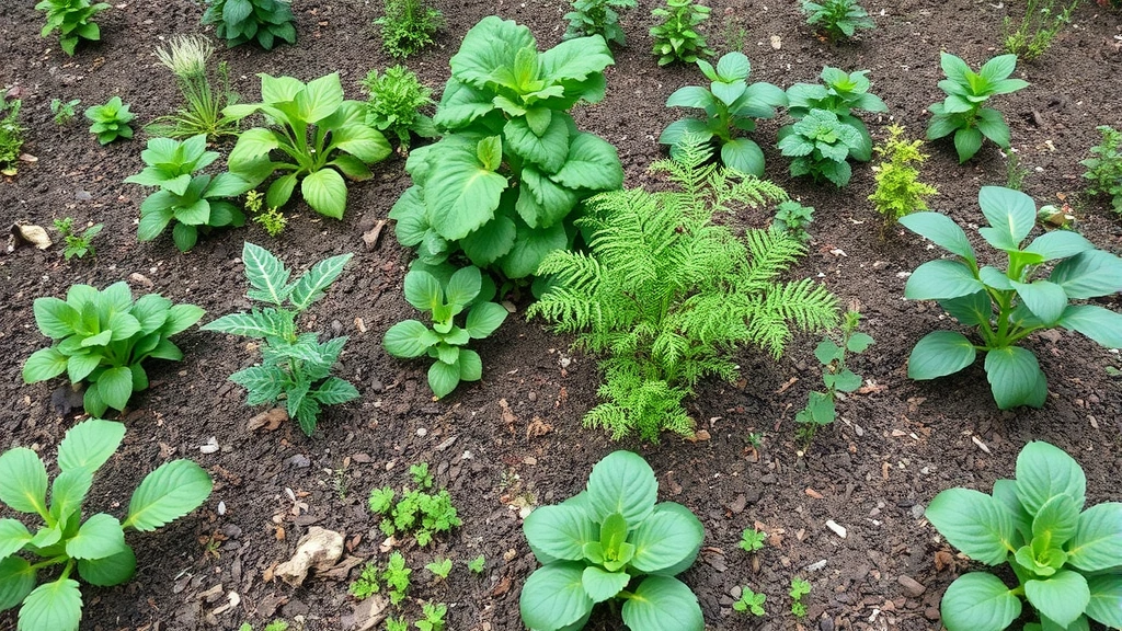 Wide garden bed with properly spaced plants, mulch layer visible, companion plantings of herbs and vegetables together showing healthy growth