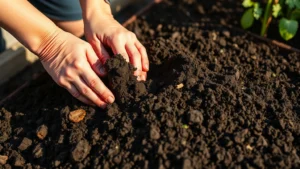 Gardener's hands preparing rich, dark compost-amended soil in raised garden bed with morning sunlight, close-up detail of soil texture with organic matter visible