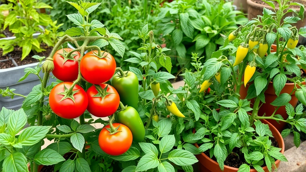 Lush vegetable garden in summer with ripe tomatoes, green peppers, and leafy herbs growing in raised beds and containers, vibrant green foliage and healthy plants