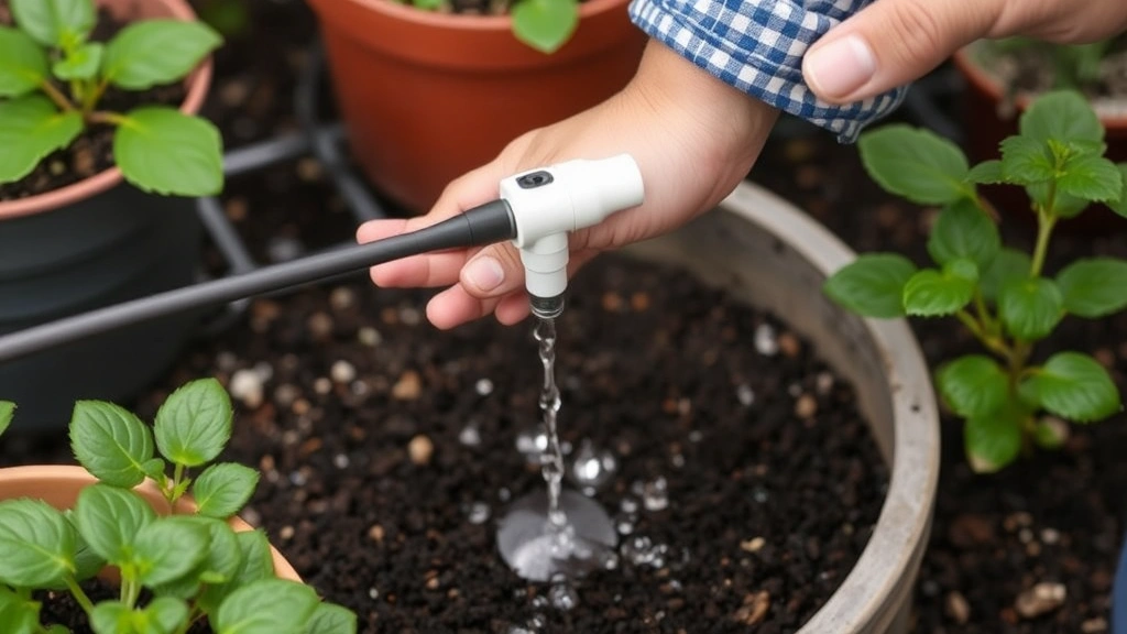 Person using drip irrigation system to water container plants and garden beds, water droplets visible on soil surface, demonstrating proper deep watering technique