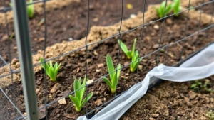 Close-up of hardware cloth fence installation around vegetable garden bed with spring seedlings, showing proper installation technique with cloth extending into soil, natural daylight, realistic garden setting
