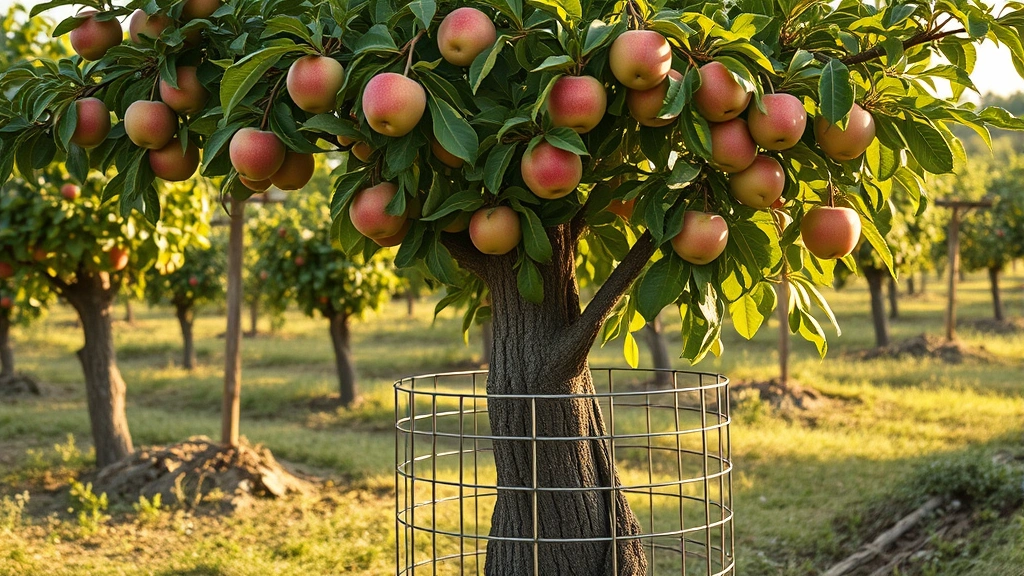 Mature fruit tree with metal trunk guard installed around base, showing protective barrier in realistic orchard setting with ripening apples visible in branches above guard, afternoon lighting