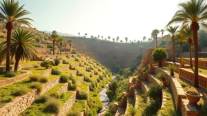 Ancient Mesopotamian terraced gardens with date palms, pomegranate trees, and irrigation channels flowing through lush vegetation under bright sunlight