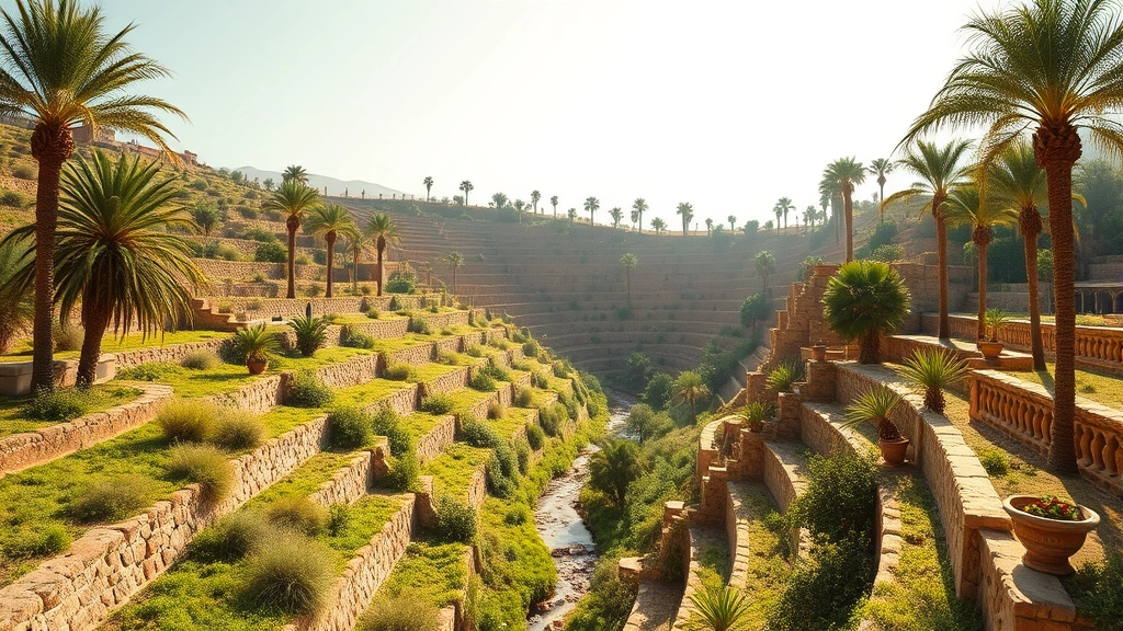 Ancient Mesopotamian terraced gardens with date palms, pomegranate trees, and irrigation channels flowing through lush vegetation under bright sunlight