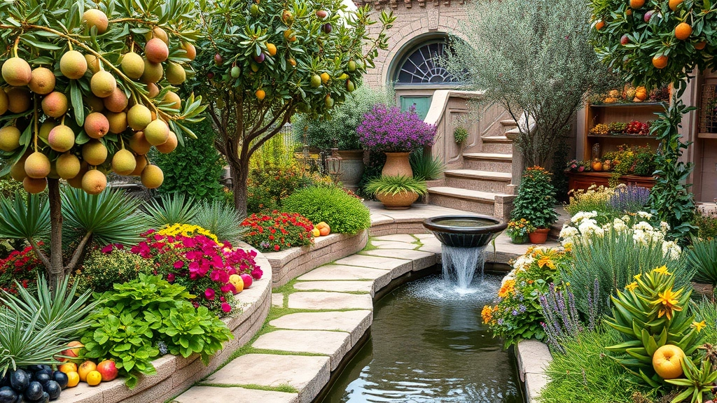 Diverse fruit and flowering plants including figs, olives, and pomegranates in an abundant ancient-style garden with stone pathways and water features
