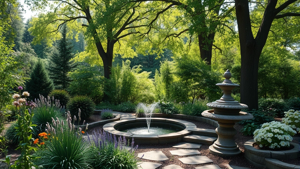 Tranquil contemplative garden space with layered plantings, flowering herbs, fountain water feature, and dappled sunlight through mature trees creating peaceful sanctuary
