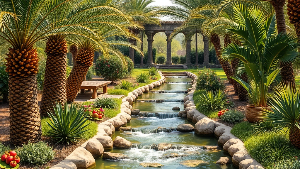 Lush Mediterranean garden with date palms, pomegranate trees, fig trees, and flowing irrigation channels representing ancient Mesopotamian horticulture and abundance