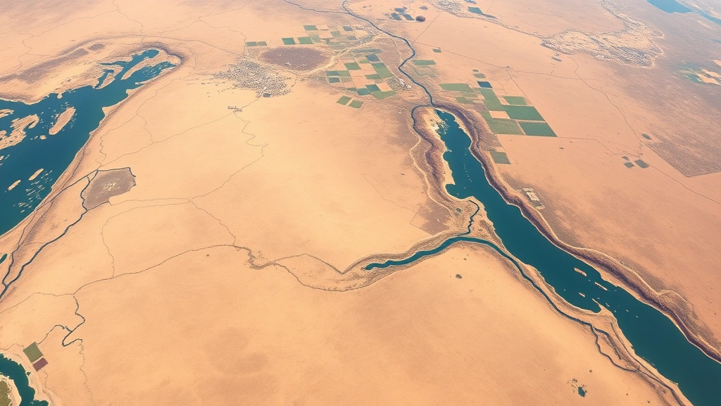 Aerial view of the Tigris and Euphrates river delta region in modern Iraq showing agricultural land, water systems, and ancient settlement patterns near the Persian Gulf
