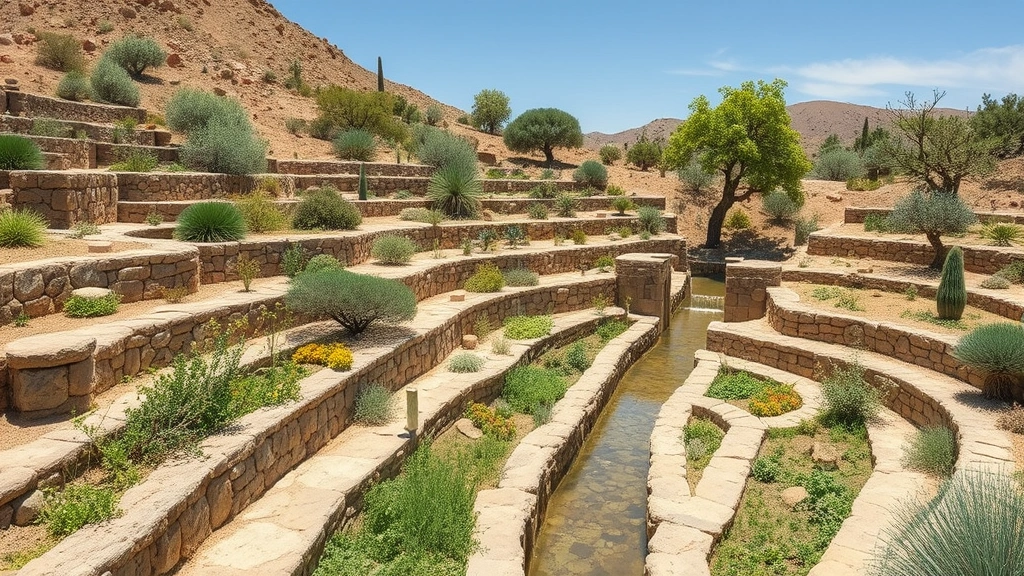 Ancient stone irrigation system with channels directing water through terraced garden beds containing diverse herbs, vegetables, and fruit trees in arid landscape