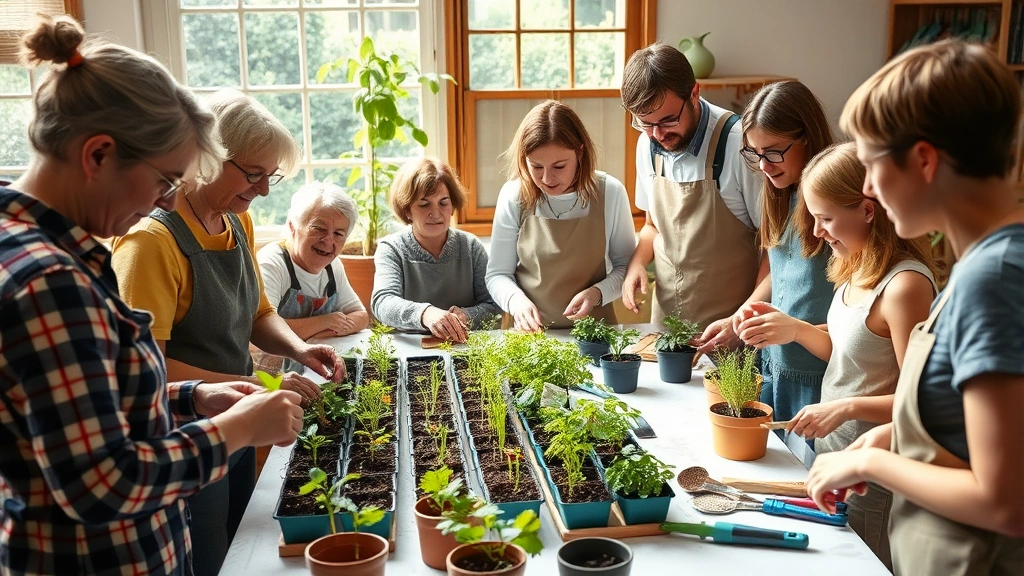 Gardeners of various ages gathered around a table examining plant seedlings and gardening tools during an indoor meeting, with natural window light illuminating their faces as they discuss cultivation techniques