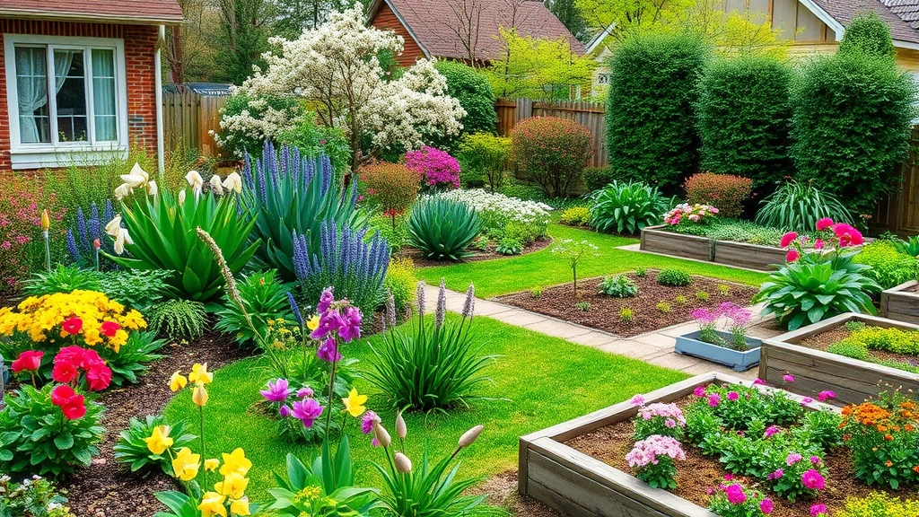 Wide shot of a lush residential garden in spring with blooming perennials, flowering shrubs, and organized raised beds demonstrating diverse gardening styles and landscape design principles
