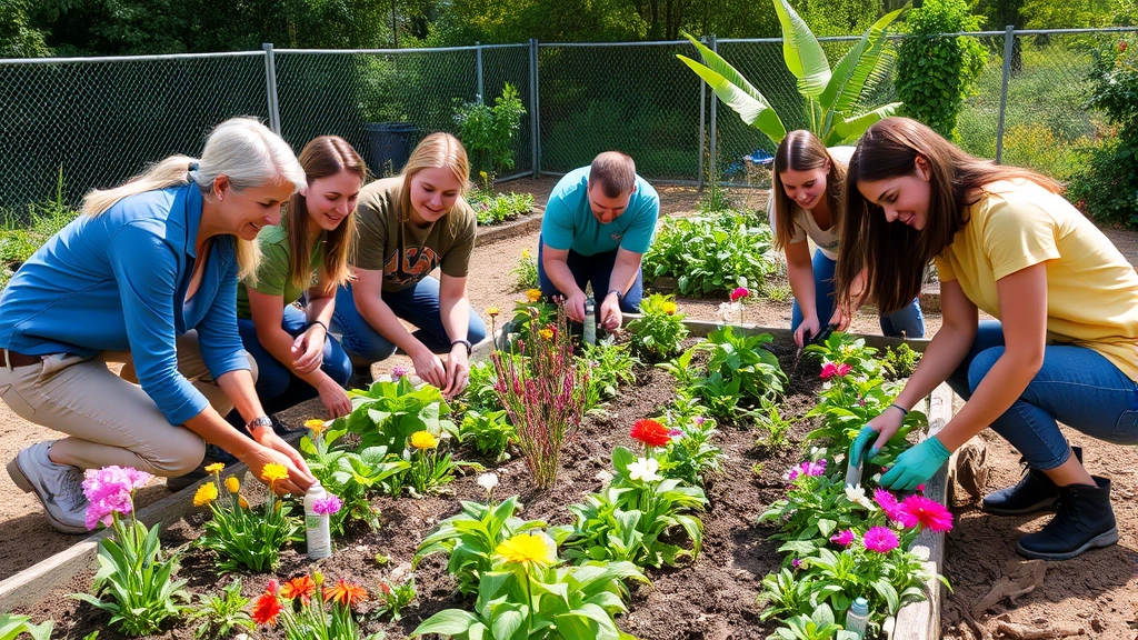 Group of volunteers working together in a community garden bed, planting native flowers and perennials while smiling and collaborating, showing the social and environmental benefits of organized gardening
