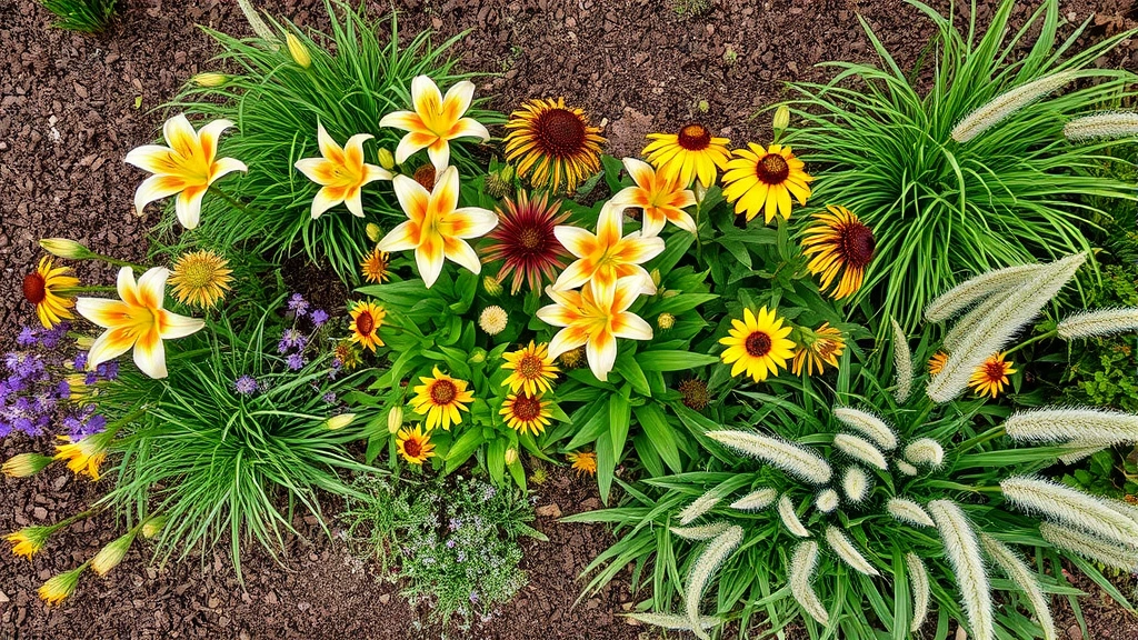 Overhead view of a lush perennial border with daylilies, coneflowers, and ornamental grasses in full summer bloom, showing varied heights and textures in organized garden bed with rich brown mulch