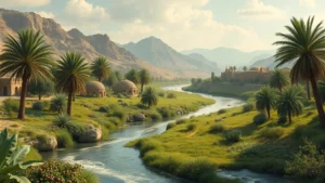 Lush Mesopotamian river valley landscape with date palms, fig trees, and flowing water creating abundant greenery in ancient Near East setting
