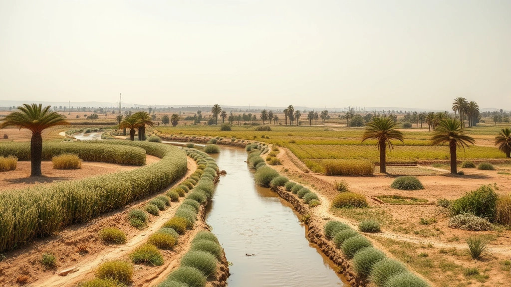 Ancient Sumerian irrigation channels and cultivated gardens with barley wheat crops and palm trees in fertile crescent terrain