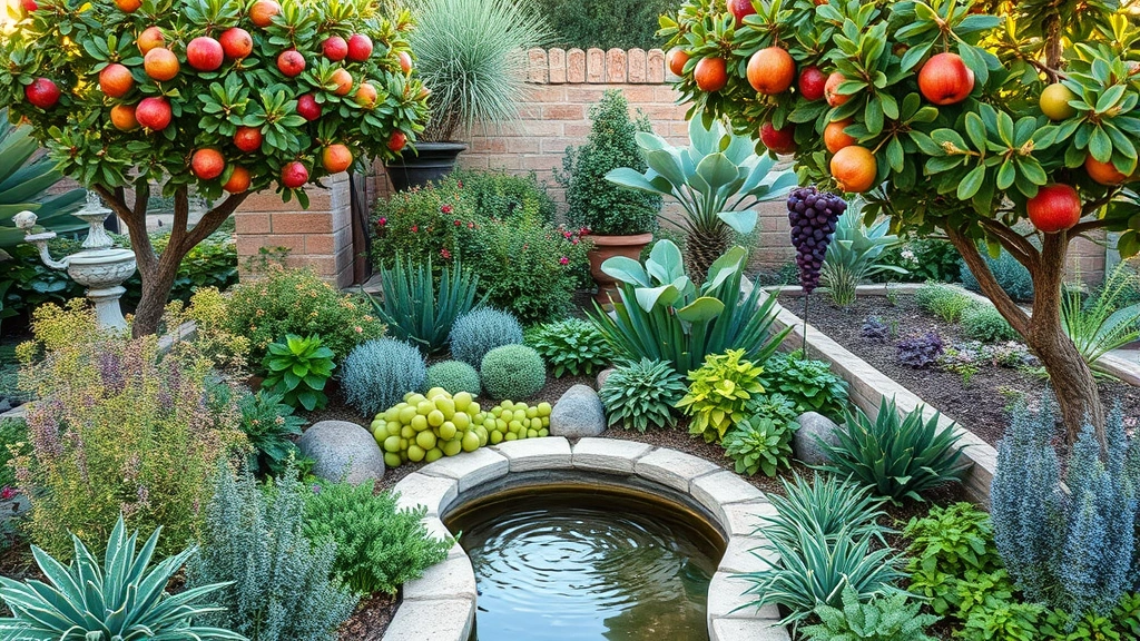 Mediterranean herb garden with pomegranate trees figs grapes sage and other biblical plants growing in organized beds with water feature