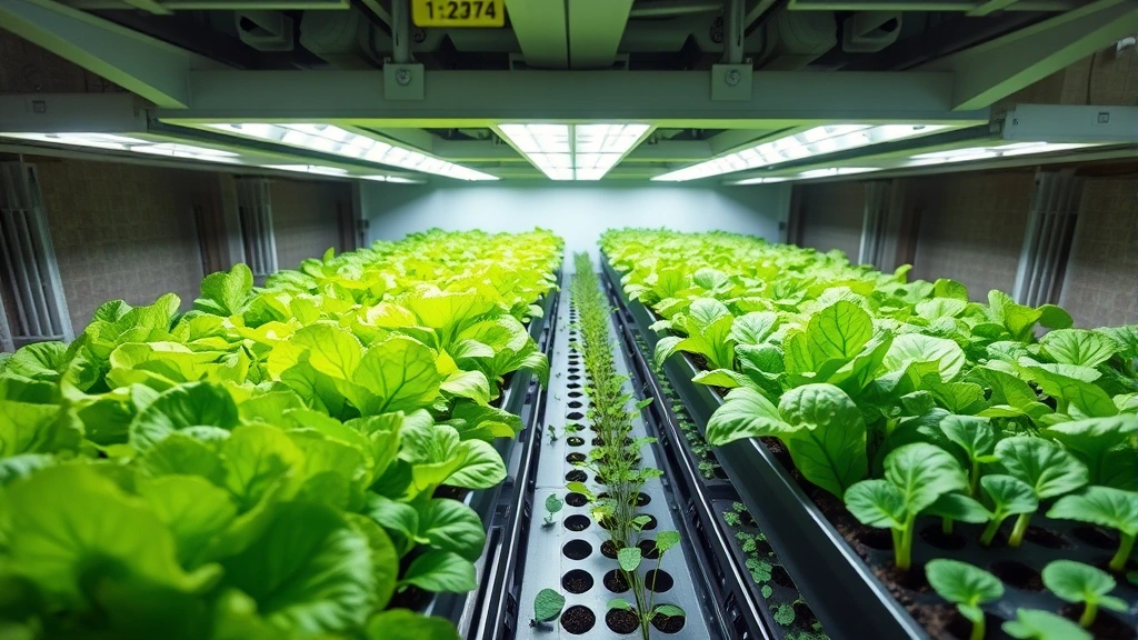 Wide overhead view of lush green lettuce and spinach plants growing under bright LED grow lights in a basement shelving unit, with multiple trays of seedlings visible, professional indoor garden setup