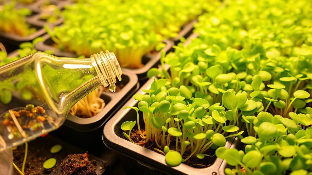 Close-up detail of vibrant microgreens and radish sprouts in shallow propagation trays with misting bottle nearby, showing healthy root development and dense foliage under warm grow lights