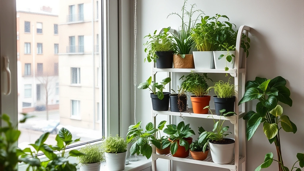 Modern apartment indoor garden scene with compact vertical growing shelves displaying thriving kale, arugula, and herb plants in various containers near a window, cozy winter gardening space