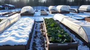 Raised garden beds covered with white frost and snow, with row covers and cold frames protecting kale and winter greens underneath, morning sunlight casting long shadows across the frozen garden landscape