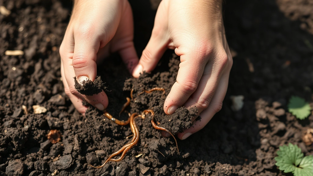 Close-up of hands testing dark, rich garden soil with organic matter and earthworms visible, sunlight filtering through, showing soil texture and composition
